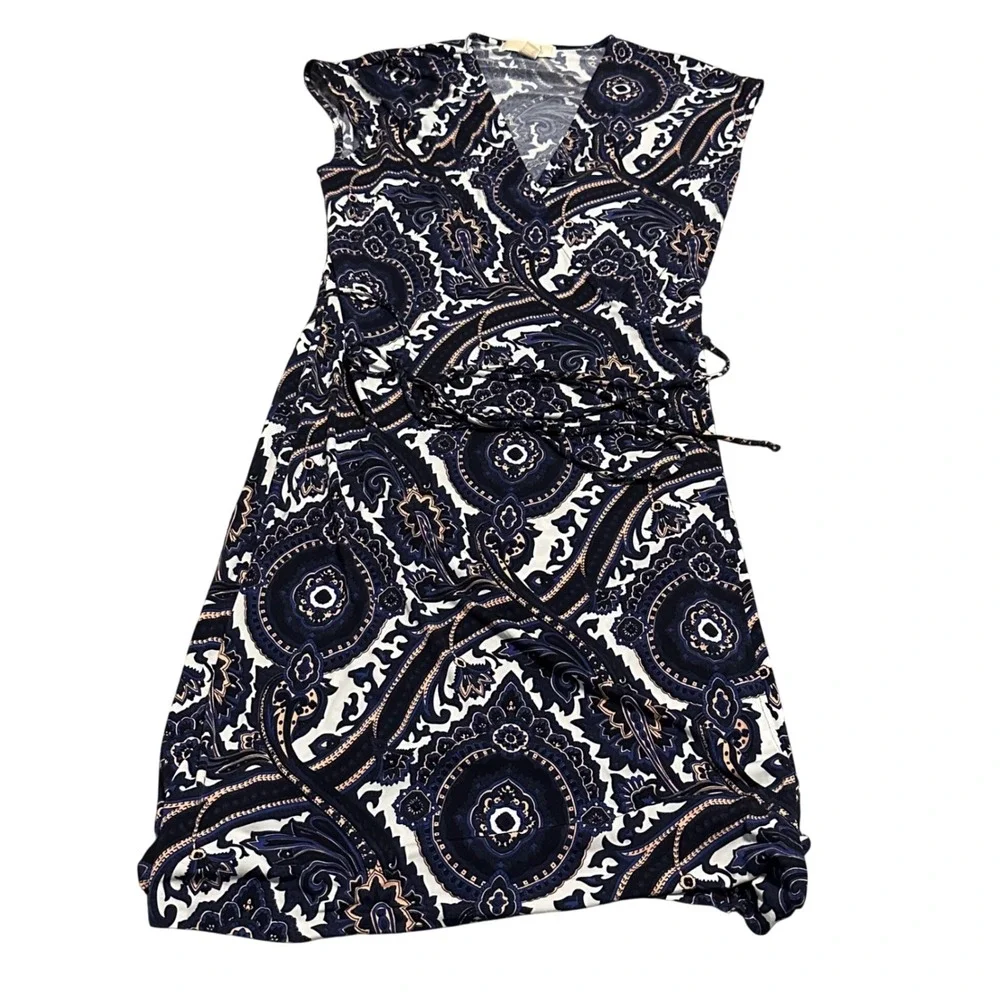Michael Kors Navy‎ Blue Paisley Medallion Wrap Dress Sleeveless V-Neck Medium
